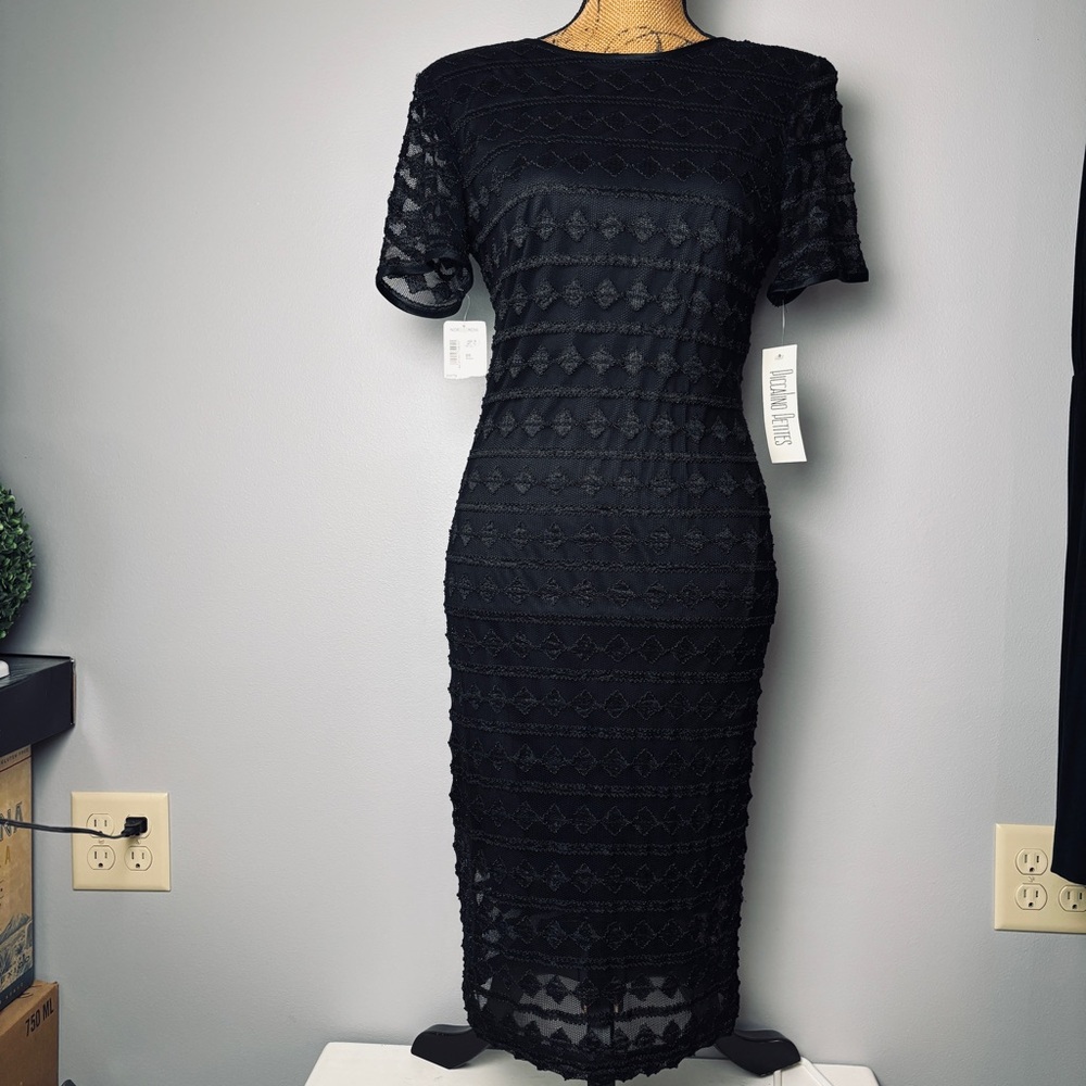 NWT Vintage Nina Piccalino Elegant Black Textured Lace Midi Dress